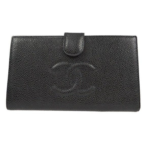 Chanel Long Bifold Wallet Purse Black Caviar Skin - Picture 1 of 12